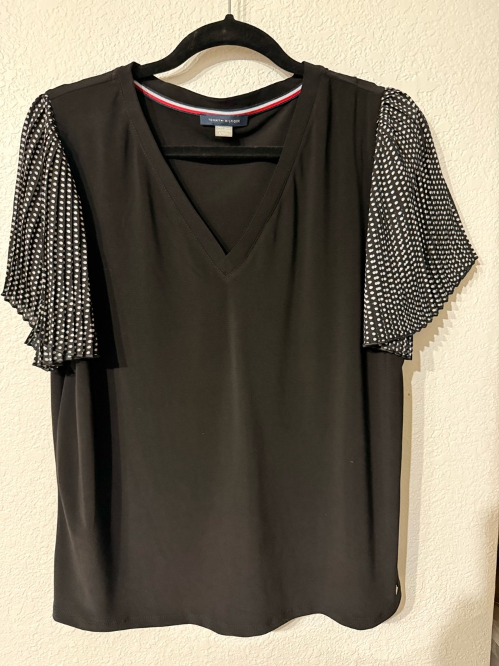 Tommy Hilfiger Black V-Neck Top with Polka Dot Pleated Sleeves.